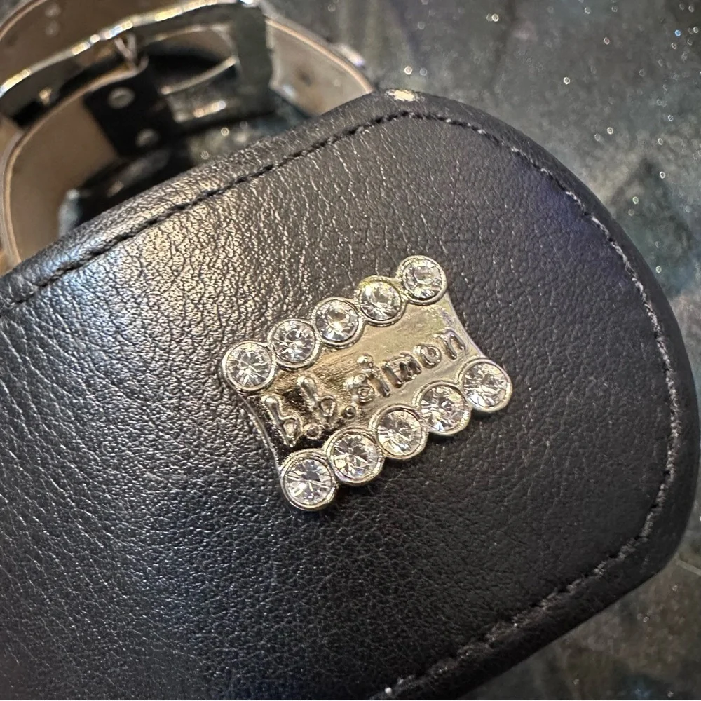 BB Simon Swarovski Crystal Y2K Elegant Black Leather and Silver Embellished Belt